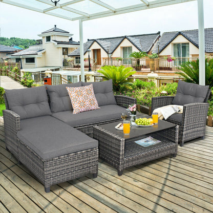 4 Pieces Patio Rattan Furniture Set with Cushion and Table Shelf-Gray - Color: Gray