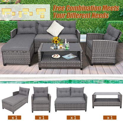 4 Pieces Patio Rattan Furniture Set with Cushion and Table Shelf-Gray - Color: Gray