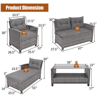 4 Pieces Patio Rattan Furniture Set with Cushion and Table Shelf-Gray - Color: Gray