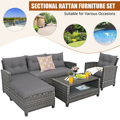 4 Pieces Patio Rattan Furniture Set with Cushion and Table Shelf-Gray - Color: Gray