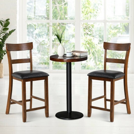 2 Pieces Counter Height Chair Set with Leather Seat and Rubber Wood Legs - Color: Brown