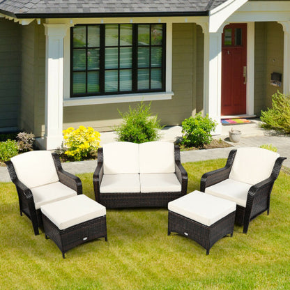 5 Pieces Patio Rattan Sofa Set with Cushion and Ottoman-Off White - Color: Off White