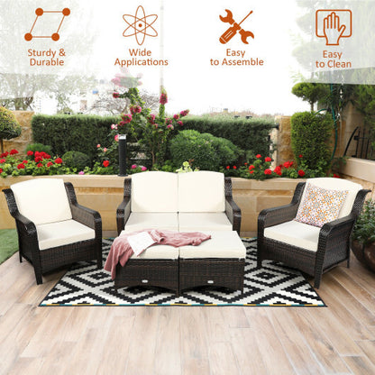 5 Pieces Patio Rattan Sofa Set with Cushion and Ottoman-Off White - Color: Off White