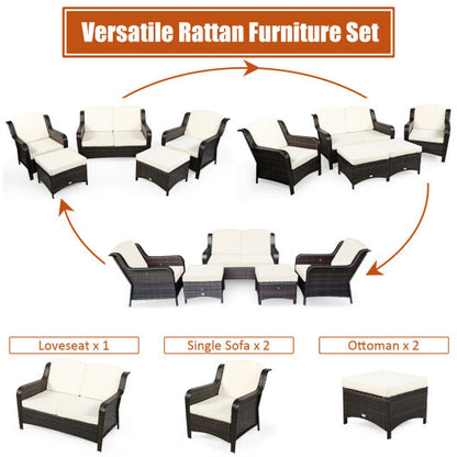 5 Pieces Patio Rattan Sofa Set with Cushion and Ottoman-Off White - Color: Off White