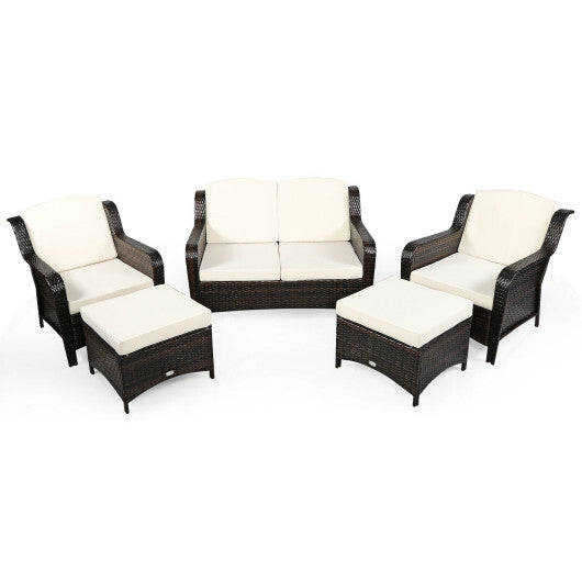 5 Pieces Patio Rattan Sofa Set with Cushion and Ottoman-Off White - Color: Off White