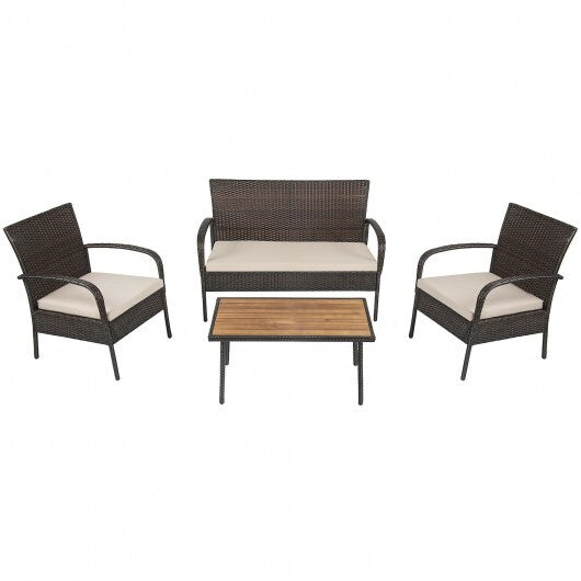 4 Pieces Patio Cushioned Wicker Conversation Set with Acacia Wood Tabletop - Color: Brown