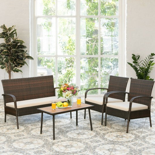 4 Pieces Patio Cushioned Wicker Conversation Set with Acacia Wood Tabletop - Color: Brown