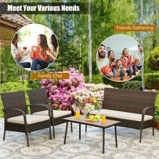 4 Pieces Patio Cushioned Wicker Conversation Set with Acacia Wood Tabletop - Color: Brown