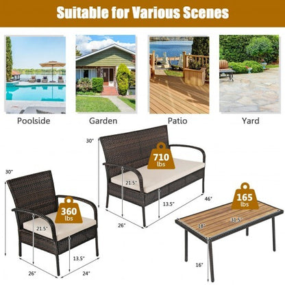 4 Pieces Patio Cushioned Wicker Conversation Set with Acacia Wood Tabletop - Color: Brown