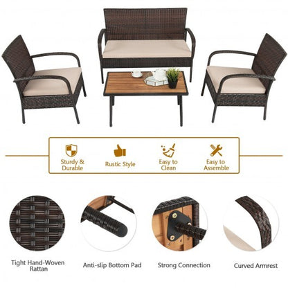 4 Pieces Patio Cushioned Wicker Conversation Set with Acacia Wood Tabletop - Color: Brown