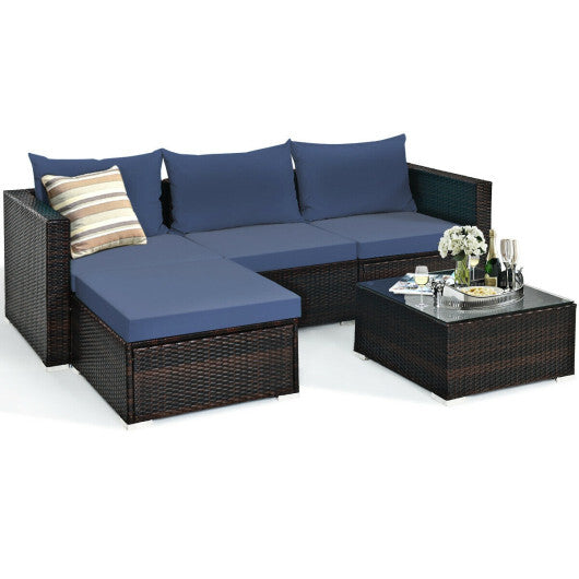 5 Pieces Patio Rattan Sectional Furniture Set with Cushions and Coffee Table -Navy - Color: Navy