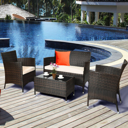 4 Pieces Comfortable Outdoor Rattan Sofa Set with Glass Coffee Table-Beige & Gray - Color: Beige & Gray