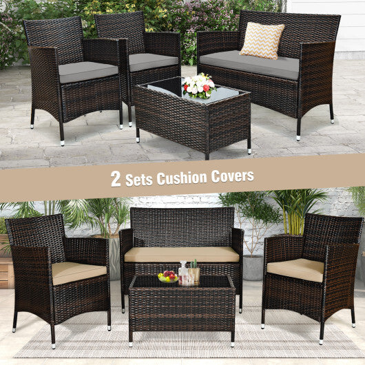 4 Pieces Comfortable Outdoor Rattan Sofa Set with Glass Coffee Table-Beige & Gray - Color: Beige & Gray