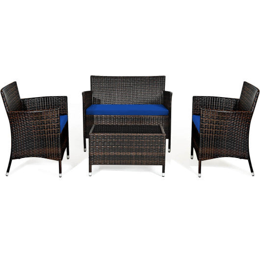 4 Pieces Rattan Sofa Set with Glass Table and Comfortable Wicker for Outdoor Patio-Navy - Color: Navy