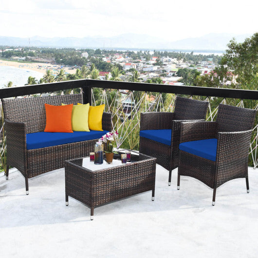 4 Pieces Rattan Sofa Set with Glass Table and Comfortable Wicker for Outdoor Patio-Navy - Color: Navy