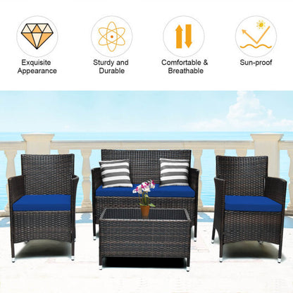 4 Pieces Rattan Sofa Set with Glass Table and Comfortable Wicker for Outdoor Patio-Navy - Color: Navy