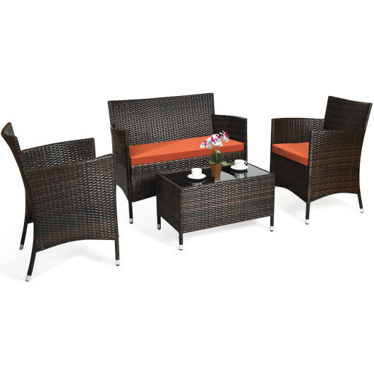 4 Pieces Comfortable Outdoor Rattan Sofa Set with Glass Coffee Table-Orange - Color: Orange