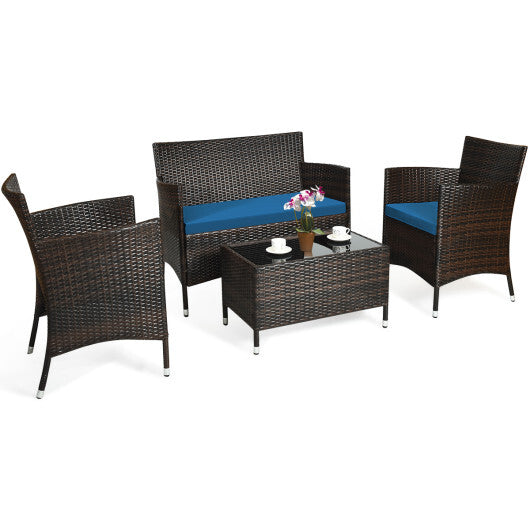 4 Pieces Comfortable Outdoor Rattan Sofa Set with Glass Coffee Table-Peacock Blue - Color: Peacock Blue