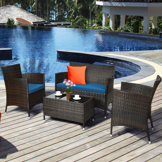 4 Pieces Comfortable Outdoor Rattan Sofa Set with Glass Coffee Table-Peacock Blue - Color: Peacock Blue