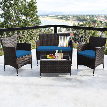 4 Pieces Comfortable Outdoor Rattan Sofa Set with Glass Coffee Table-Peacock Blue - Color: Peacock Blue