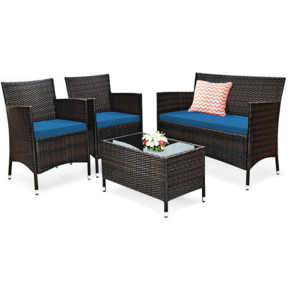 4 Pieces Comfortable Outdoor Rattan Sofa Set with Glass Coffee Table-Peacock Blue - Color: Peacock Blue