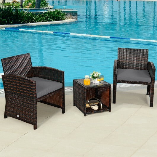 3 Pieces PE Rattan Wicker Furniture Set with Cushion Sofa Coffee Table for Garden-Gray - Color: Gray