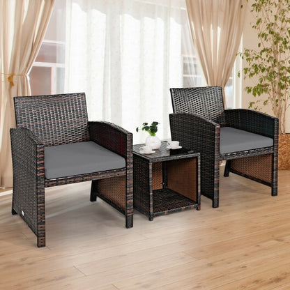 3 Pieces PE Rattan Wicker Furniture Set with Cushion Sofa Coffee Table for Garden-Gray - Color: Gray