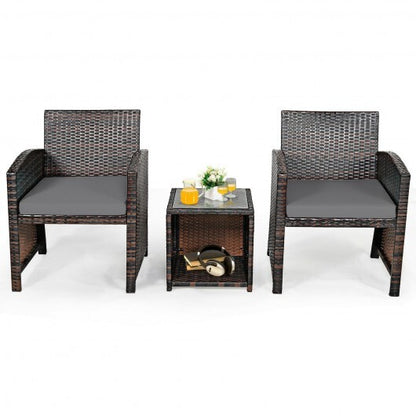 3 Pieces PE Rattan Wicker Furniture Set with Cushion Sofa Coffee Table for Garden-Gray - Color: Gray