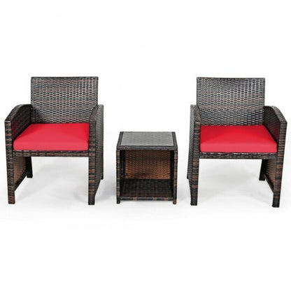 3 Pieces PE Rattan Wicker Furniture Set with Cushion Sofa Coffee Table for Garden-Red - Color: Red