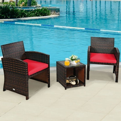 3 Pieces PE Rattan Wicker Furniture Set with Cushion Sofa Coffee Table for Garden-Red - Color: Red