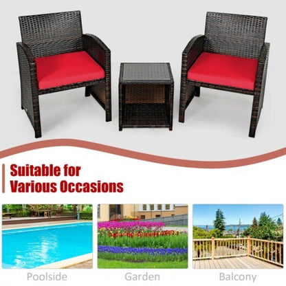 3 Pieces PE Rattan Wicker Furniture Set with Cushion Sofa Coffee Table for Garden-Red - Color: Red