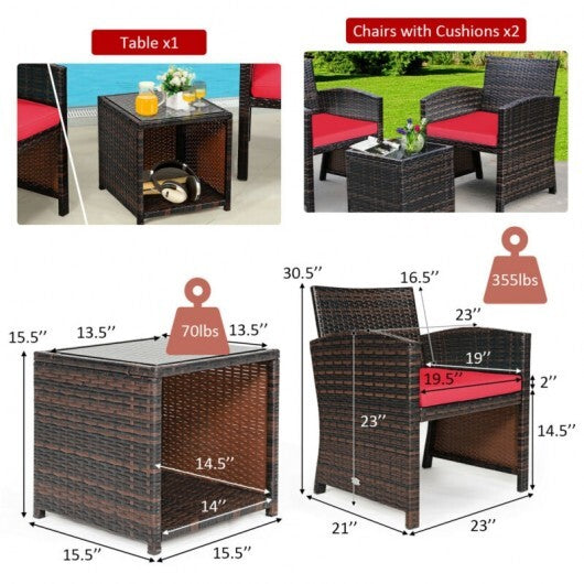 3 Pieces PE Rattan Wicker Furniture Set with Cushion Sofa Coffee Table for Garden-Red - Color: Red