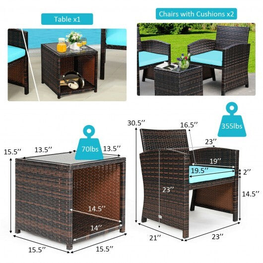 3 Pieces PE Rattan Wicker Furniture Set with Cushion Sofa Coffee Table for Garden-Turquoise - Color: Turquoise