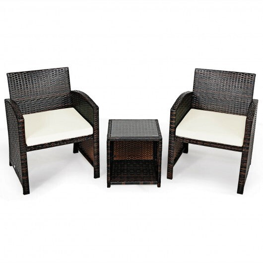 3 Pieces PE Rattan Wicker Furniture Set with Cushion Sofa Coffee Table for Garden-White - Color: White