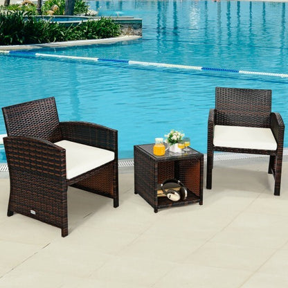 3 Pieces PE Rattan Wicker Furniture Set with Cushion Sofa Coffee Table for Garden-White - Color: White