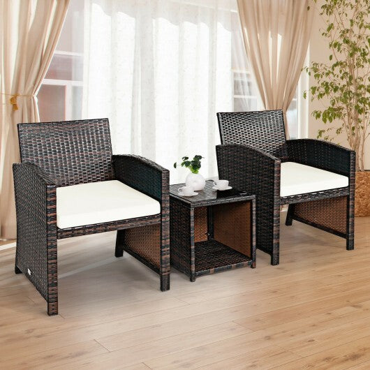 3 Pieces PE Rattan Wicker Furniture Set with Cushion Sofa Coffee Table for Garden-White - Color: White