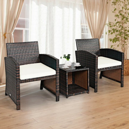 3 Pieces PE Rattan Wicker Furniture Set with Cushion Sofa Coffee Table for Garden-White - Color: White