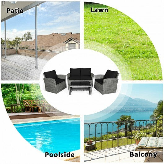 4 Pieces Patio Rattan Furniture Set Sofa Table with Storage Shelf Cushion-Black - Color: Black