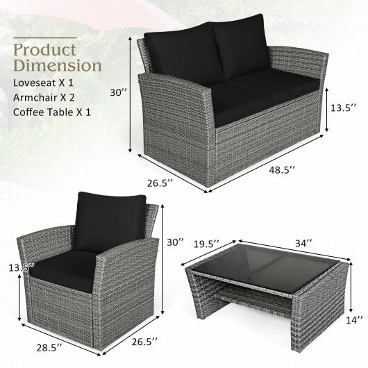 4 Pieces Patio Rattan Furniture Set Sofa Table with Storage Shelf Cushion-Black - Color: Black