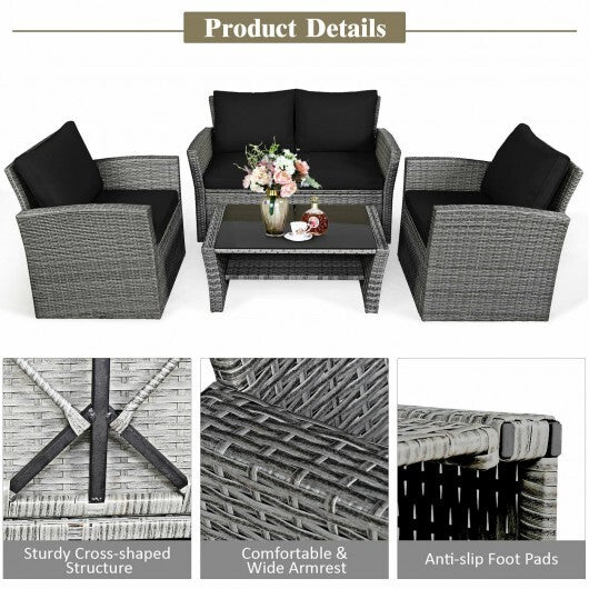 4 Pieces Patio Rattan Furniture Set Sofa Table with Storage Shelf Cushion-Black - Color: Black