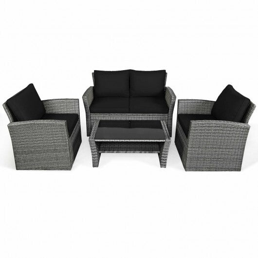 4 Pieces Patio Rattan Furniture Set Sofa Table with Storage Shelf Cushion-Black - Color: Black