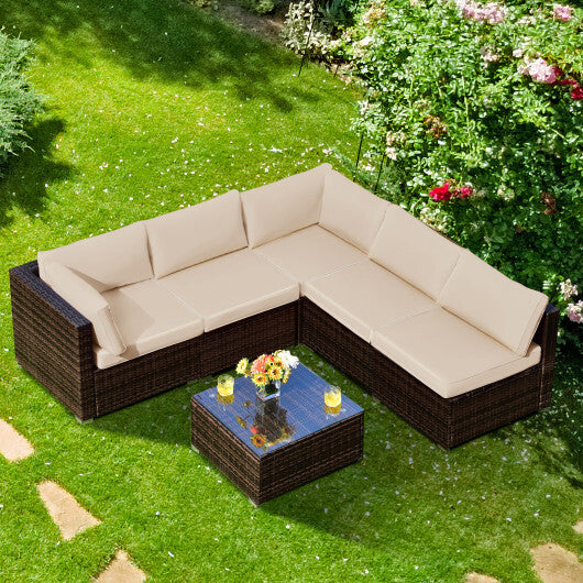 6 Pieces Patio Rattan Furniture Set with Cushions-Brown - Color: Brown