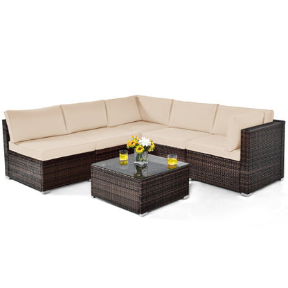 6 Pieces Patio Rattan Furniture Set with Cushions-Brown - Color: Brown