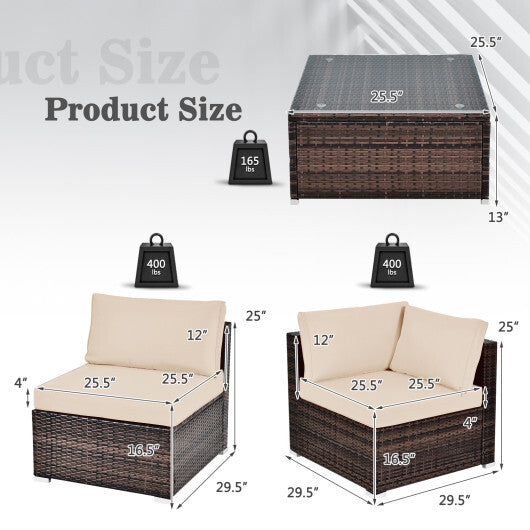 6 Pieces Patio Rattan Furniture Set with Cushions-Brown - Color: Brown