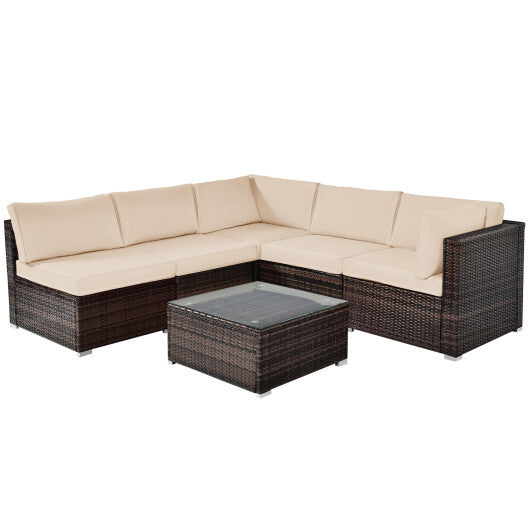 6 Pieces Patio Rattan Furniture Set with Cushions-Brown - Color: Brown