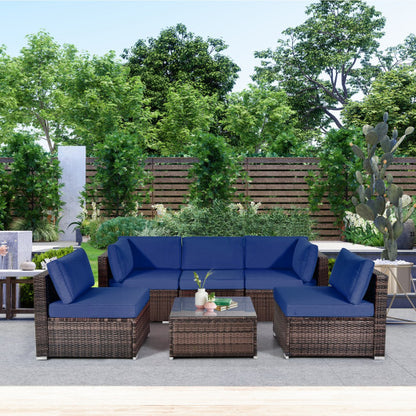 6 Pieces Patio Rattan Furniture Set with Cushions and Glass Coffee Table-Navy - Color: Navy