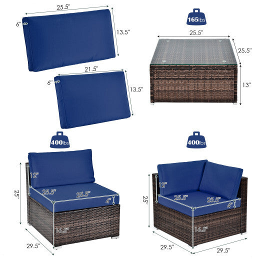 6 Pieces Patio Rattan Furniture Set with Cushions and Glass Coffee Table-Navy - Color: Navy