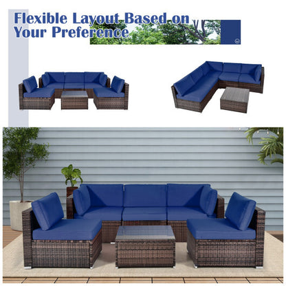 6 Pieces Patio Rattan Furniture Set with Cushions and Glass Coffee Table-Navy - Color: Navy