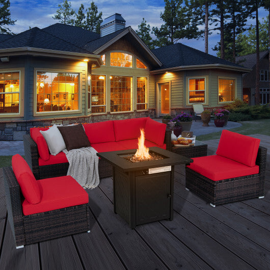 7 Pieces Patio Furniture Set with 28 Inches 50000 BTU Propane Gas Fire Pit Table-Red - Color: Red