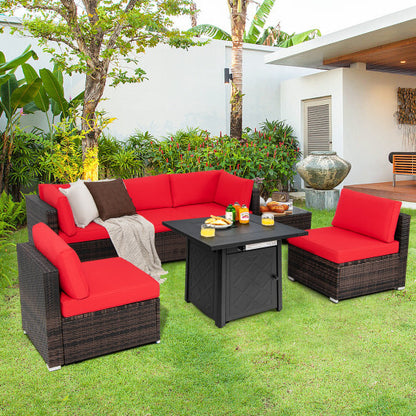 7 Pieces Patio Furniture Set with 28 Inches 50000 BTU Propane Gas Fire Pit Table-Red - Color: Red